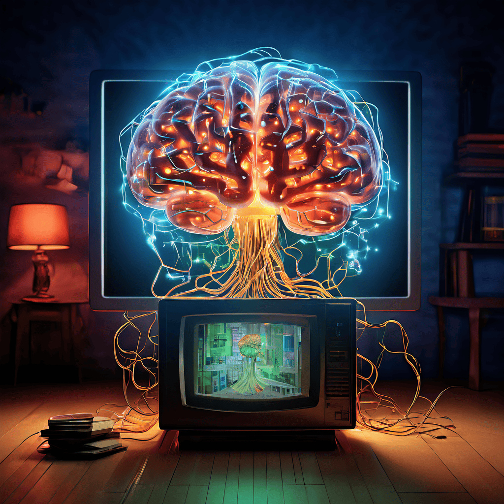 뇌 안에 광적인 홈쇼핑 호스트가 방영되는 빛나는 TV 화면이 있고, 뇌 주름이 '지금 주문하세요' 그래픽과 얽힌 전화선으로 대체된 초현실적인 이미지입니다.