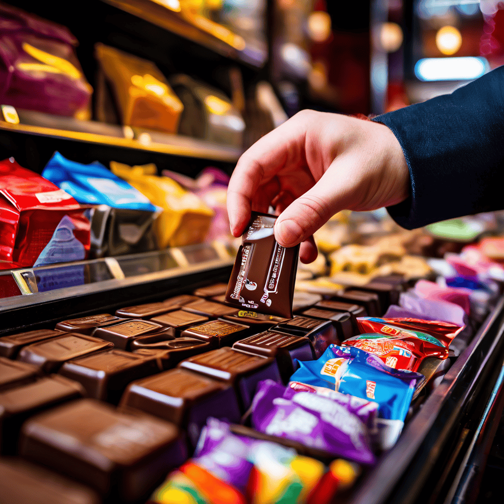 계산대 앞에서 손이 망설임 끝에 초콜릿 바를 집어드는 모습으로, 소비자의 충동구매 심리와 결제 단계의 유혹 상품 배치를 효과적으로 보여줍니다.