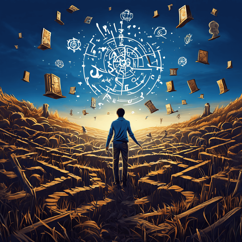 심리적 함정이 가득한 들판에서 행운의 상징을 좇아 보물을 찾는 사람이 환상으로 사라지는 심리적 갈등과 우연의 모습을 상징적으로 표현한 이미지입니다.