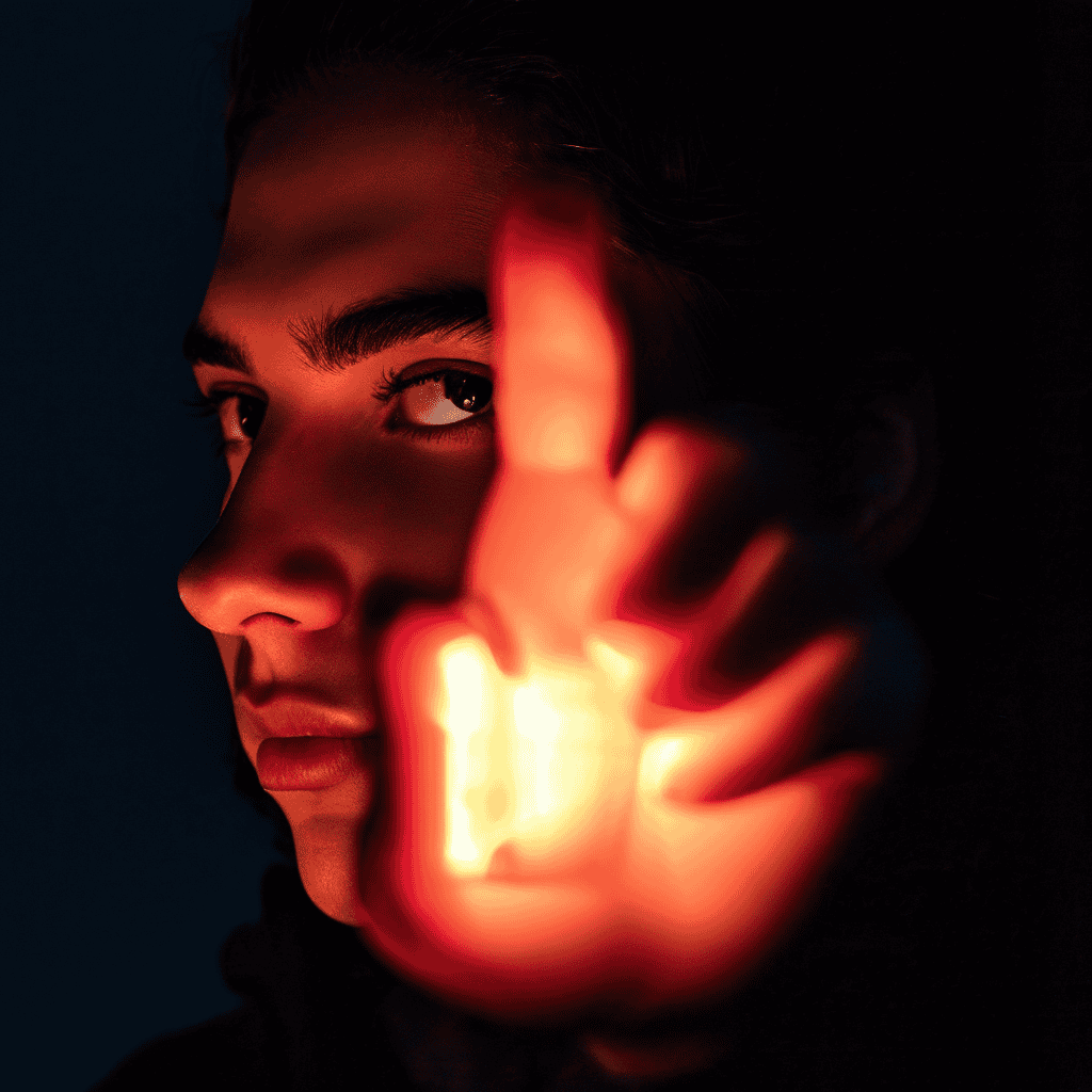 소셜 미디어에서 좋아요 버튼을 누르기 직전 망설이는 사람의 표정이 화면에 비친 모습으로, 디지털 시대의 관계 형성과 사회적 인정에 대한 고민을 담고 있습니다.