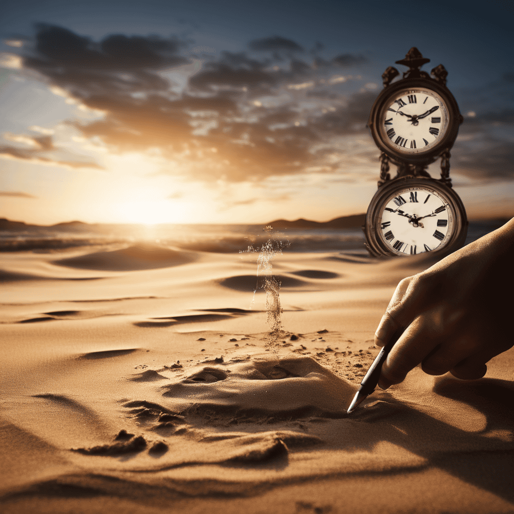 종이에 적힌 약속이 모래로 흩어지고 배경의 시계가 녹아내리는 모습으로, 시간의 흐름 속에서 지키기 어려운 약속의 덧없음을 상징적으로 표현한 이미지입니다.