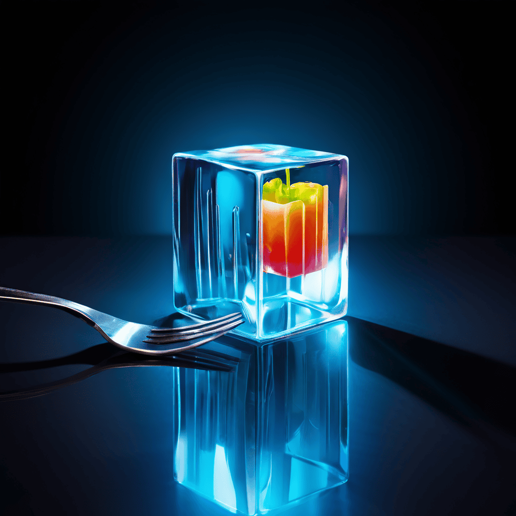 거울처럼 반사되는 포크 손잡이에 비친 낯선 이의 얼굴과 빛나는 식품 큐브를 들고 있는 모습을 배경에 은은하게 떠다니는 기업 로고와 함께 표현한 초현실적인 이미지입니다.