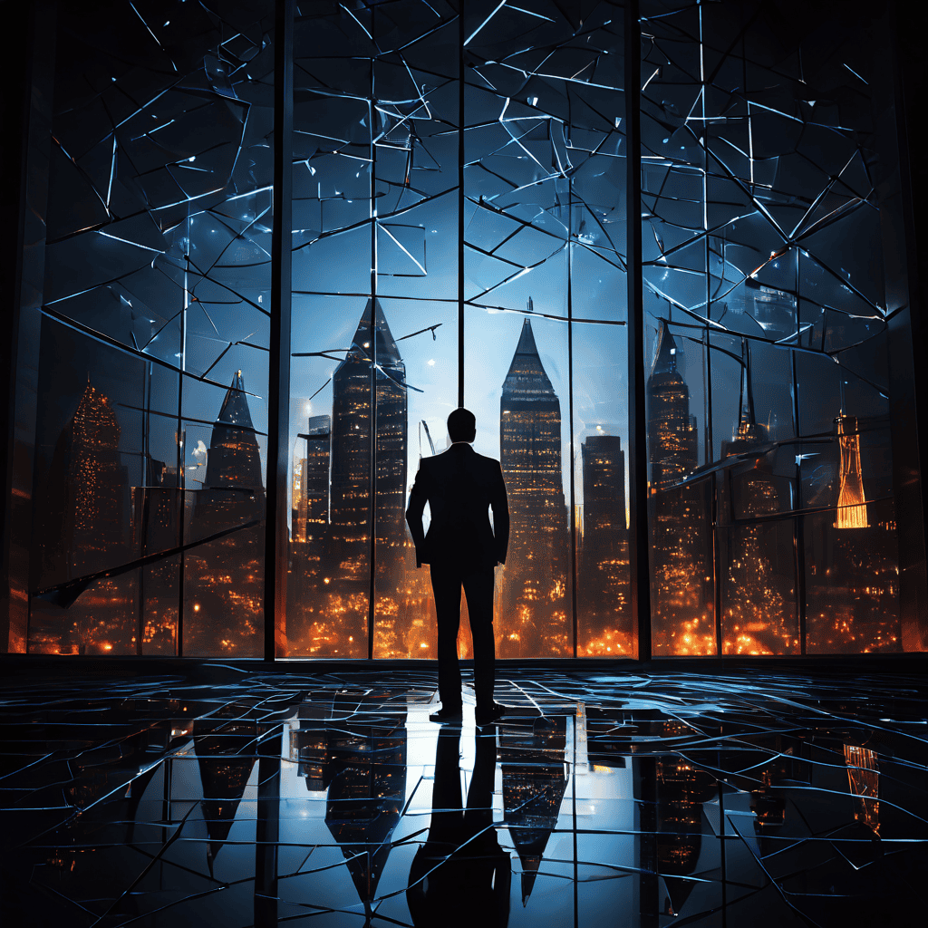 깨진 거울에 비친 인물의 모습이 각각 다른 금융 차트로 변형되어 보이며, 그림자 같은 인물들이 그 반사된 모습에 미묘하게 영향을 주고 있는 복잡한 심리적 상황을 표현한 이미지입니다.