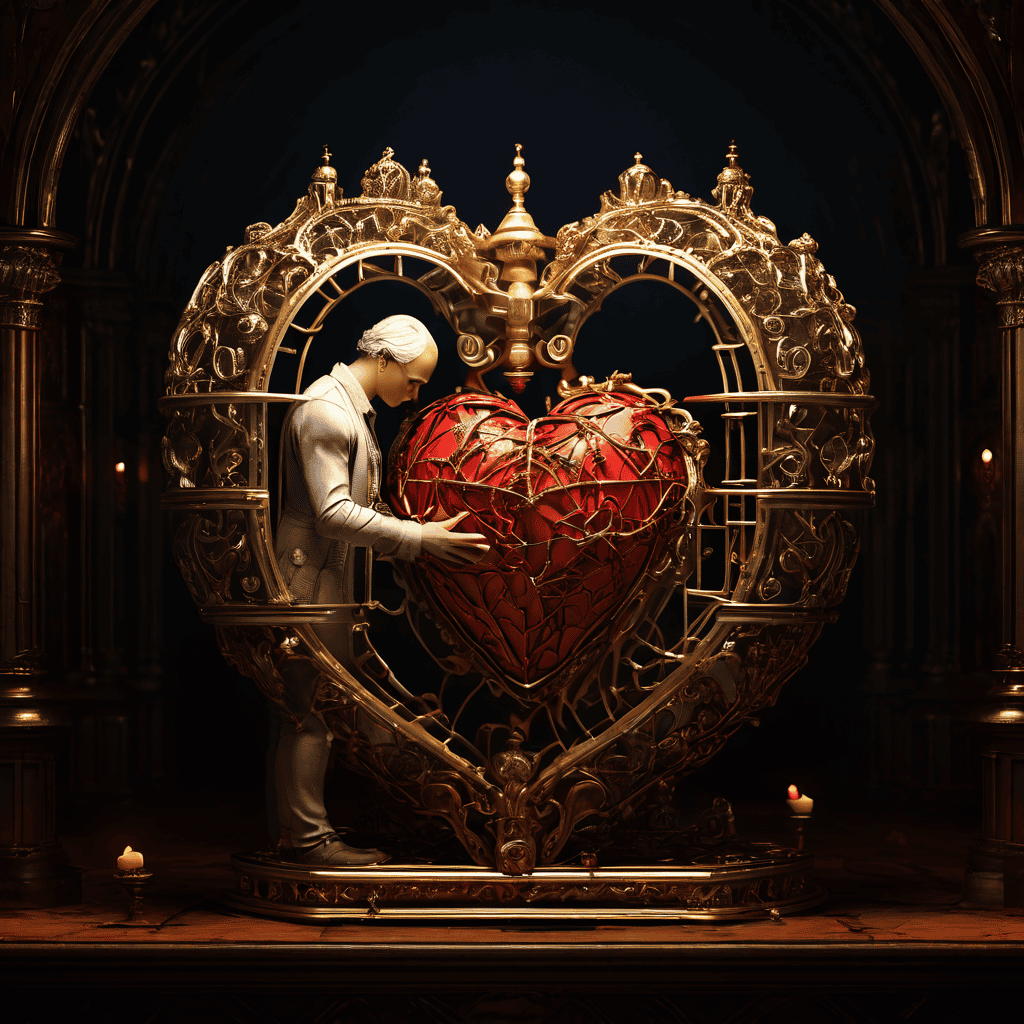 자신의 심장을 보호하기 위해 섬세하면서도 취약한 정교한 감정의 우리를 조심스럽게 만들어가는 인간의 내면적 갈등과 취약성을 상징적으로 표현한 이미지입니다.