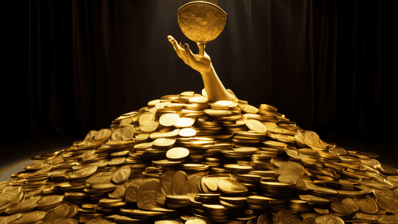 한 금화가 거대한 금 더미보다 무게추를 더 기울이게 만드는, 그림자로 이루어진 거대한 투명 손이 부의 불평등과 가치의 왜곡을 상징적으로 표현하는 이미지입니다.