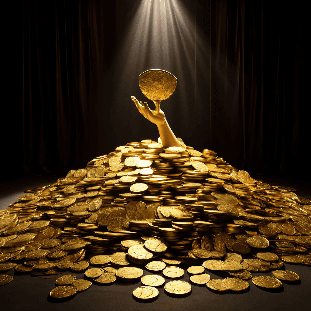 한 금화가 거대한 금 더미보다 무게추를 더 기울이게 만드는, 그림자로 이루어진 거대한 투명 손이 부의 불평등과 가치의 왜곡을 상징적으로 표현하는 이미지입니다.