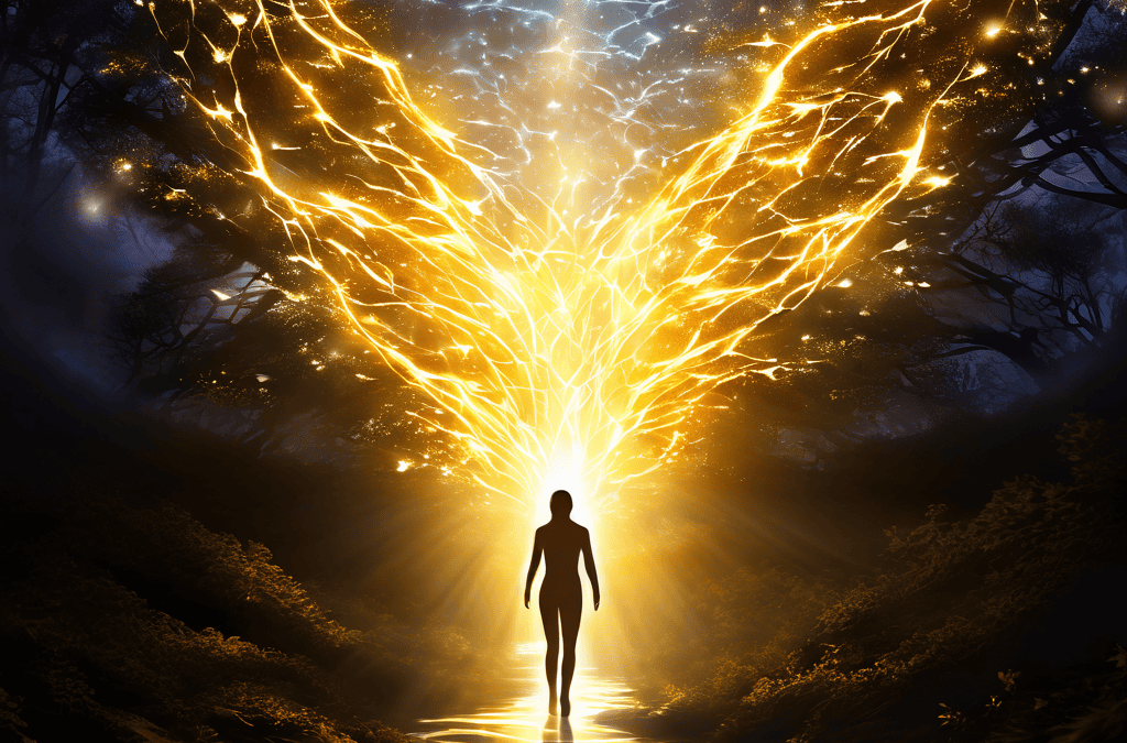 빛나는 인간 실루엣에서 흘러나오는 에너지가 강처럼 흐르며, 의미 있는 목표를 향해 빛나는 길로 뻗어나가고 다른 가능성들은 희미해져 사라지는 결정과 집중의 순간을 상징적으로 표현한 이미지입니다.