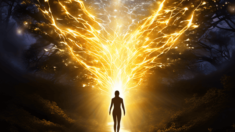 빛나는 인간 실루엣에서 흘러나오는 에너지가 강처럼 흐르며, 의미 있는 목표를 향해 빛나는 길로 뻗어나가고 다른 가능성들은 희미해져 사라지는 결정과 집중의 순간을 상징적으로 표현한 이미지입니다.