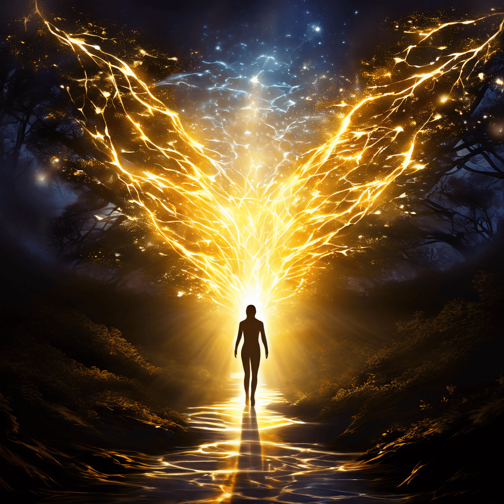 빛나는 인간 실루엣에서 흘러나오는 에너지가 강처럼 흐르며, 의미 있는 목표를 향해 빛나는 길로 뻗어나가고 다른 가능성들은 희미해져 사라지는 결정과 집중의 순간을 상징적으로 표현한 이미지입니다.