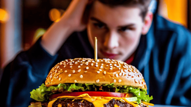 건강한 집밥을 그리워하는 사람이 화려한 대형 패스트푸드 햄버거를 먹은 후 가정식 식사를 바라보는 모습을 담은 이미지입니다.
