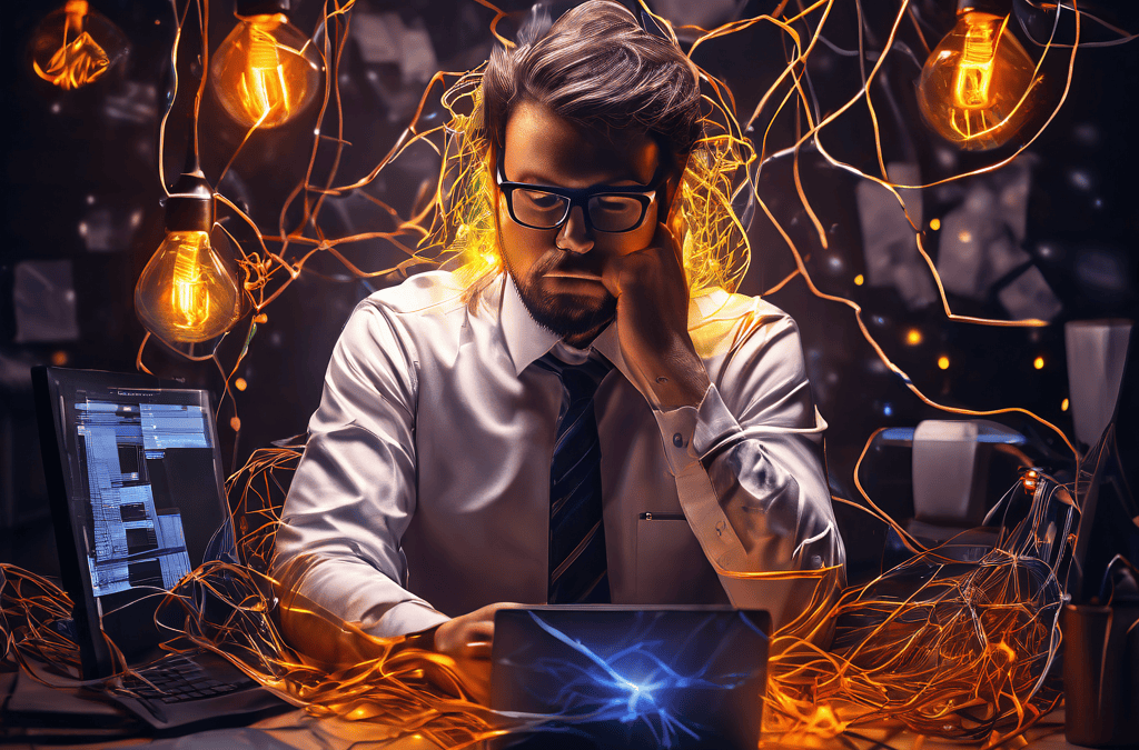 현대 직장인이 본업과 부업의 업무 아이콘과 전선으로 얽힌 그물망에 갇혀 지친 상태로, 피로로 인해 액체 빛처럼 생기가 새어나가는 모습을 상징적으로 표현한 이미지입니다.