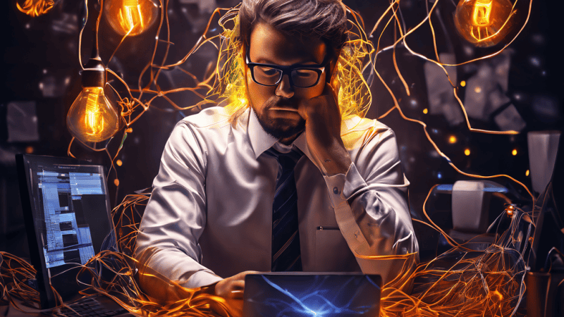 현대 직장인이 본업과 부업의 업무 아이콘과 전선으로 얽힌 그물망에 갇혀 지친 상태로, 피로로 인해 액체 빛처럼 생기가 새어나가는 모습을 상징적으로 표현한 이미지입니다.