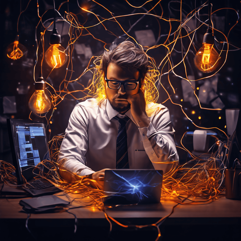 현대 직장인이 본업과 부업의 업무 아이콘과 전선으로 얽힌 그물망에 갇혀 지친 상태로, 피로로 인해 액체 빛처럼 생기가 새어나가는 모습을 상징적으로 표현한 이미지입니다.