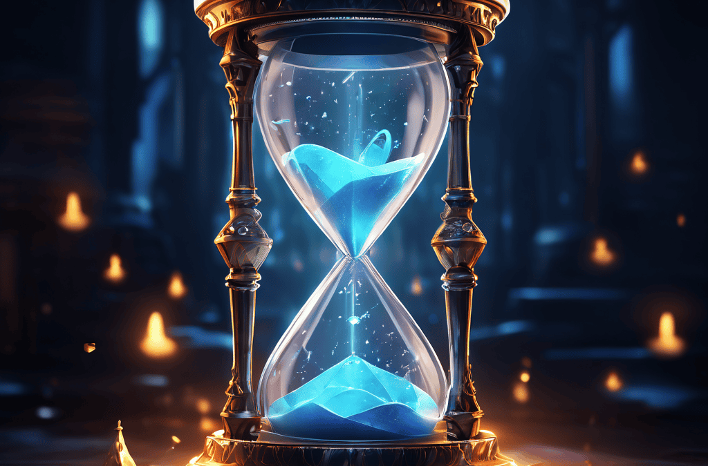 기다림이 기대감으로 변환되는 과정을 상징적으로 표현한 모래시계가 빛나는 선물 상자로 변형되는 로딩 화면 이미지입니다.