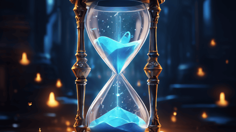 기다림이 기대감으로 변환되는 과정을 상징적으로 표현한 모래시계가 빛나는 선물 상자로 변형되는 로딩 화면 이미지입니다.