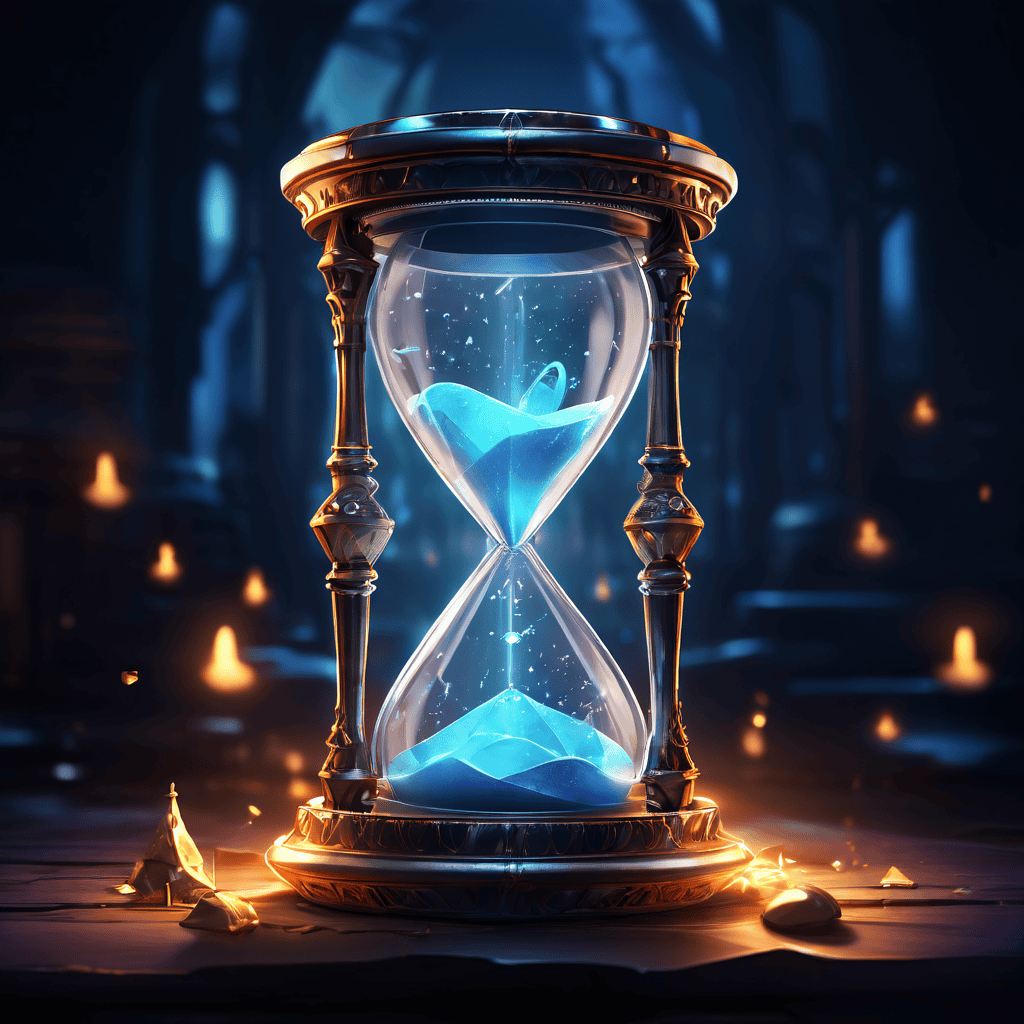 기다림이 기대감으로 변환되는 과정을 상징적으로 표현한 모래시계가 빛나는 선물 상자로 변형되는 로딩 화면 이미지입니다.