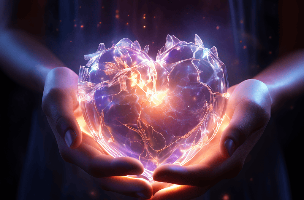 반짝이는 빛과 온기를 발산하는 인간의 심장이 반투명한 에테르적 손에 부드럽게 감싸인 채 우주적 배경 속에서 생명의 소중함과 신비로움을 상징적으로 표현한 이미지입니다.