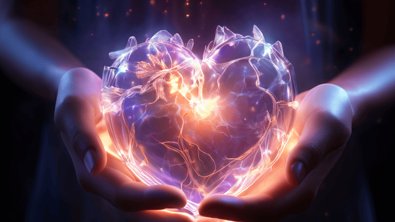 반짝이는 빛과 온기를 발산하는 인간의 심장이 반투명한 에테르적 손에 부드럽게 감싸인 채 우주적 배경 속에서 생명의 소중함과 신비로움을 상징적으로 표현한 이미지입니다.