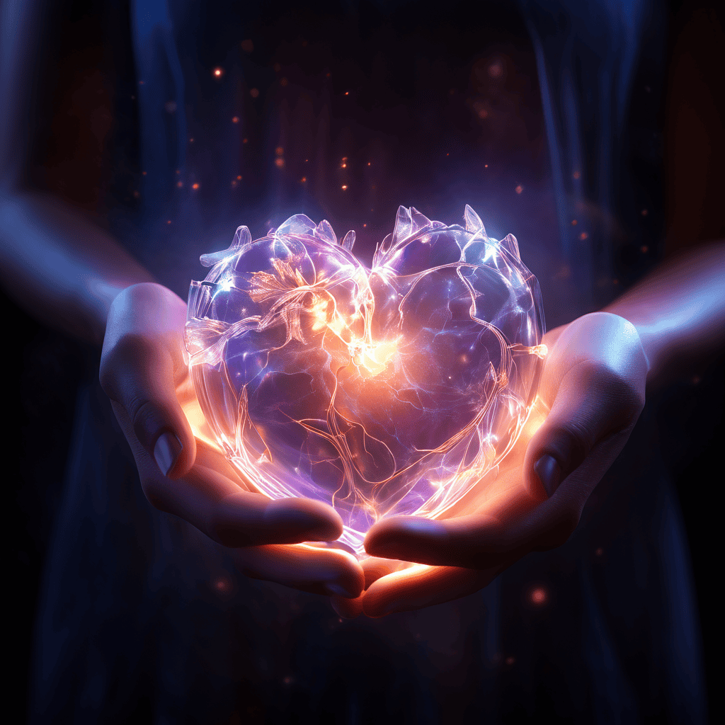 반짝이는 빛과 온기를 발산하는 인간의 심장이 반투명한 에테르적 손에 부드럽게 감싸인 채 우주적 배경 속에서 생명의 소중함과 신비로움을 상징적으로 표현한 이미지입니다.