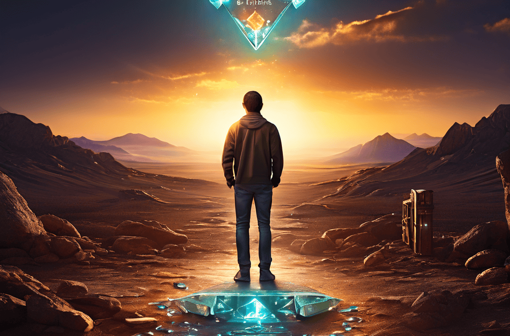 진정한 가치를 찾기 위해 멀리 빛나는 보물상자를 바라보며 발밑의 작은 보석들은 무시한 채 갈림길에 선 사람의 모습을 상징적으로 표현한 이미지입니다.