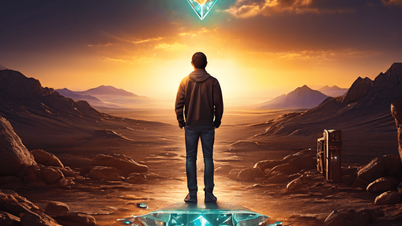 진정한 가치를 찾기 위해 멀리 빛나는 보물상자를 바라보며 발밑의 작은 보석들은 무시한 채 갈림길에 선 사람의 모습을 상징적으로 표현한 이미지입니다.