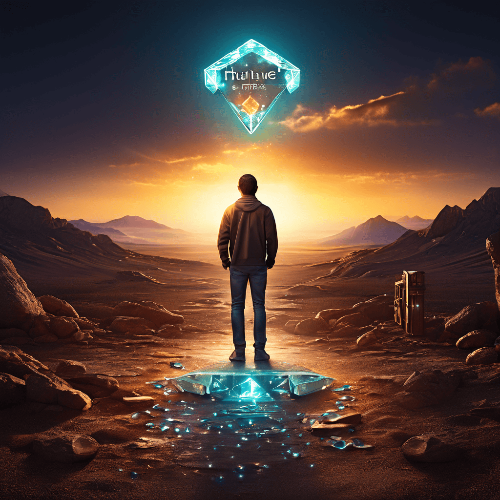 진정한 가치를 찾기 위해 멀리 빛나는 보물상자를 바라보며 발밑의 작은 보석들은 무시한 채 갈림길에 선 사람의 모습을 상징적으로 표현한 이미지입니다.