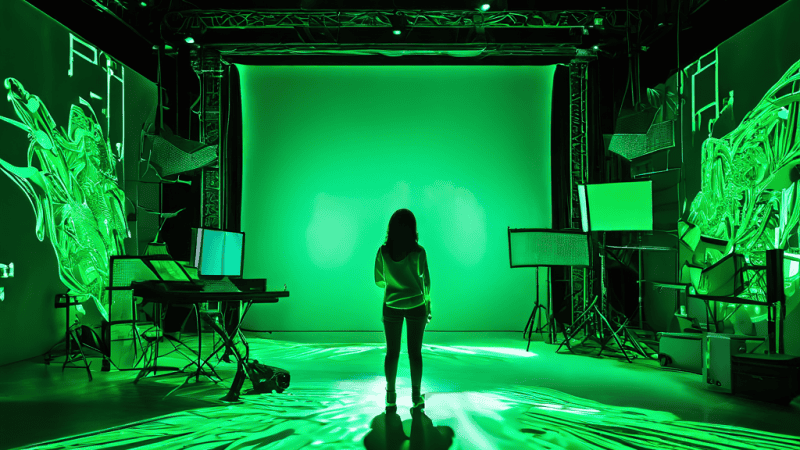 크로마 키의 원리가 시각적으로 구현된 디지털 아트로, 빛나는 녹색 스크린이 단순한 배경이 아닌 영상 제작의 복잡하고 보이지 않는 예술적 과정을 드러내는 모습을 상징적으로 표현한 이미지입니다.