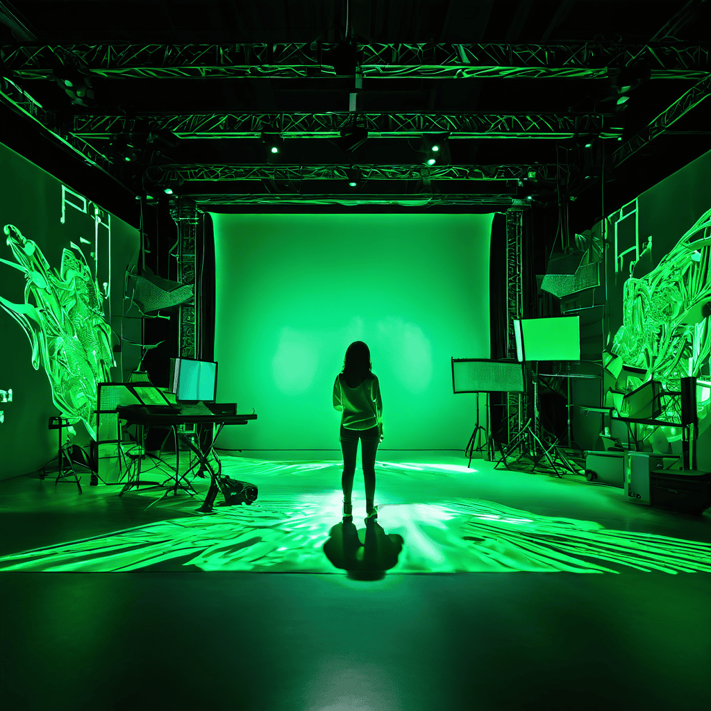 크로마 키의 원리가 시각적으로 구현된 디지털 아트로, 빛나는 녹색 스크린이 단순한 배경이 아닌 영상 제작의 복잡하고 보이지 않는 예술적 과정을 드러내는 모습을 상징적으로 표현한 이미지입니다.
