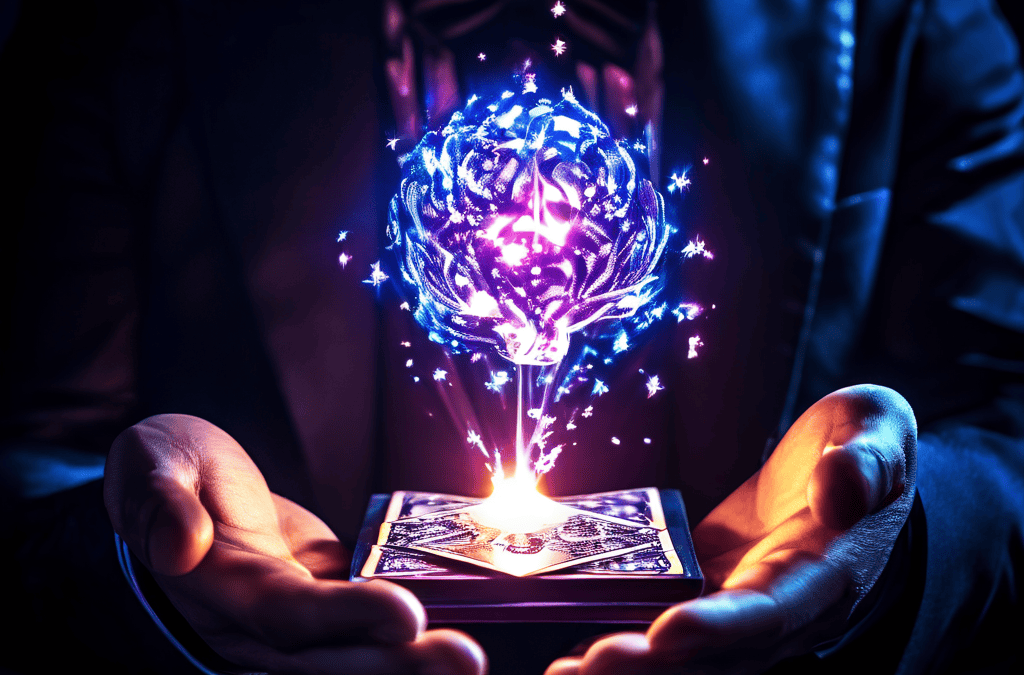 마술사의 손기술에 속아넘어가는 환각적 뇌 형상이 카드 위에 떠오르며, 마술 트릭의 심리적 속임수를 시각적으로 표현한 이미지입니다.