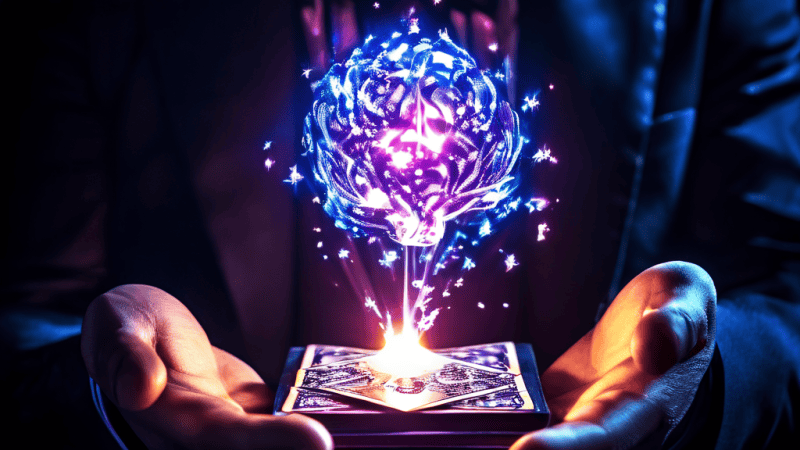 마술사의 손기술에 속아넘어가는 환각적 뇌 형상이 카드 위에 떠오르며, 마술 트릭의 심리적 속임수를 시각적으로 표현한 이미지입니다.