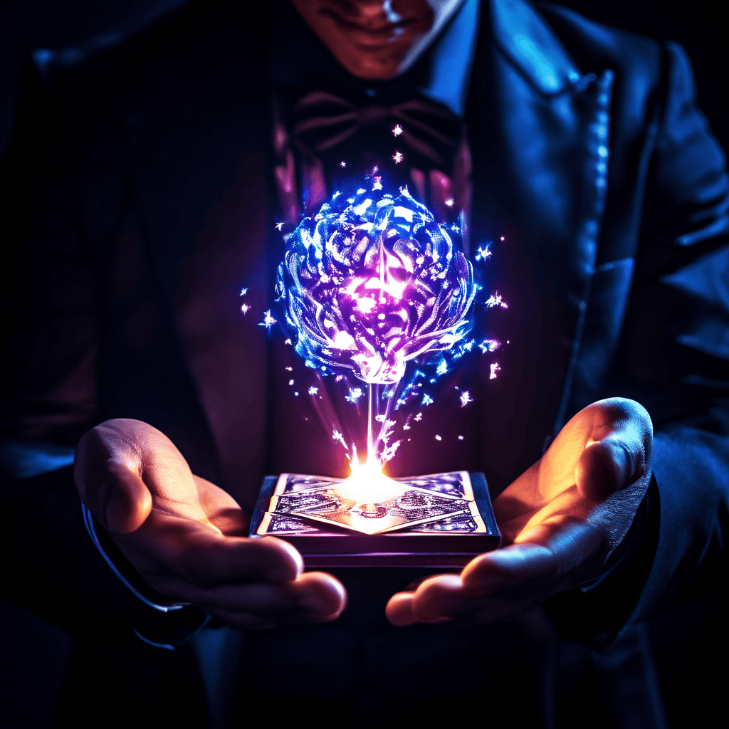 마술사의 손기술에 속아넘어가는 환각적 뇌 형상이 카드 위에 떠오르며, 마술 트릭의 심리적 속임수를 시각적으로 표현한 이미지입니다.